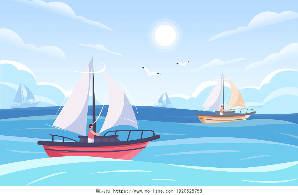 帆船航行海面景色蓝色系人物扁平插画扁平帆船插画